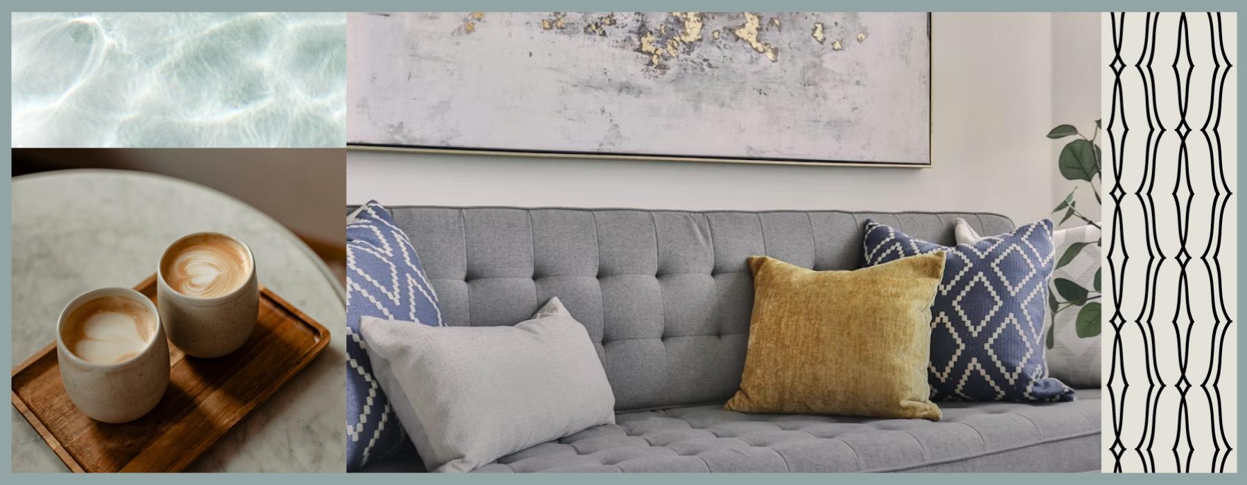 a couch with pillows and cups