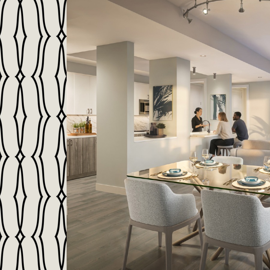 a large kitchen with a dining table