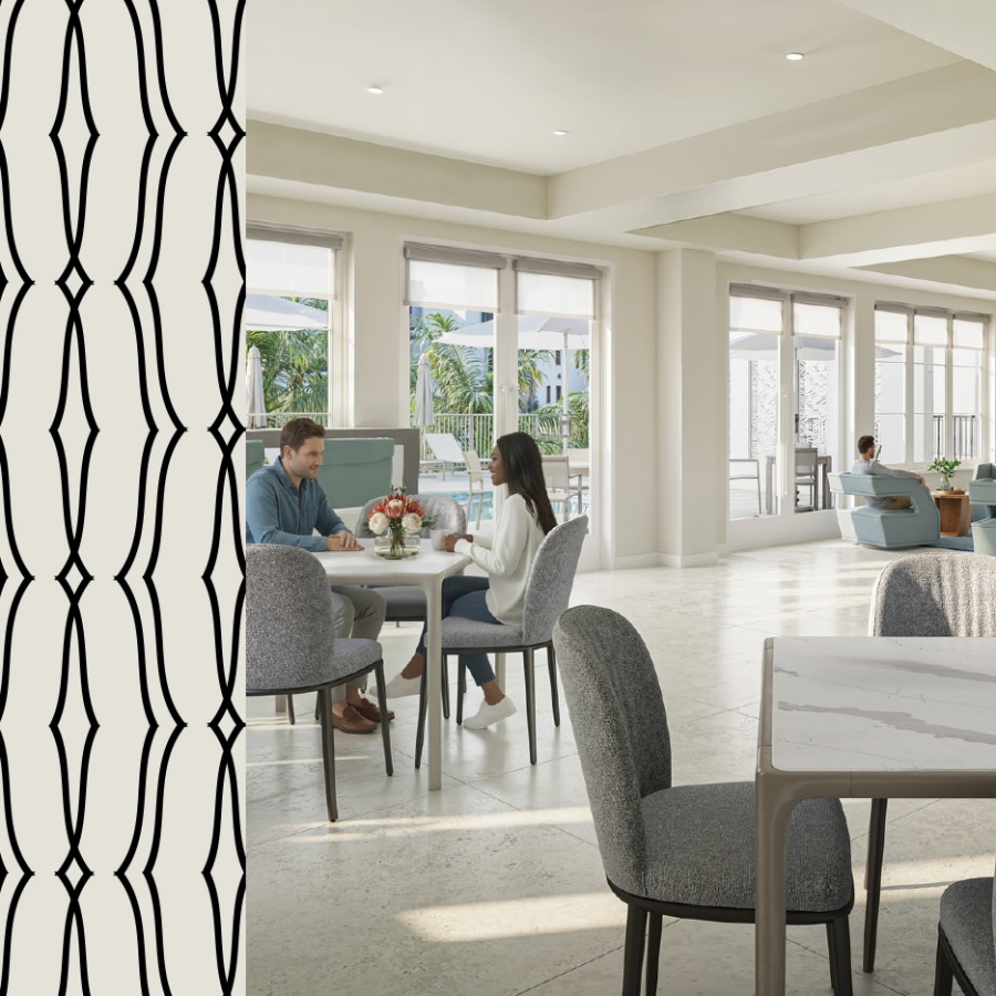 a clubroom with a table, chairs and a tv