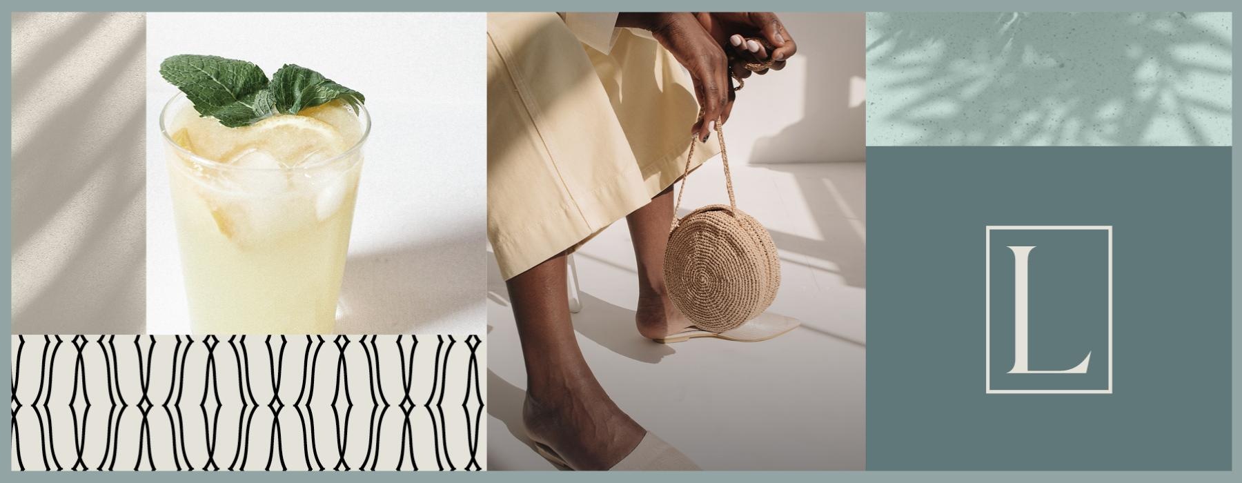 a collage of images and a woman holding a small hand bag