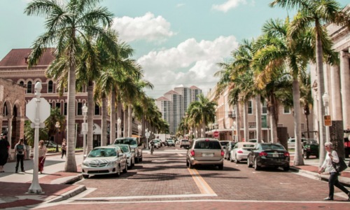 a street with landscaping